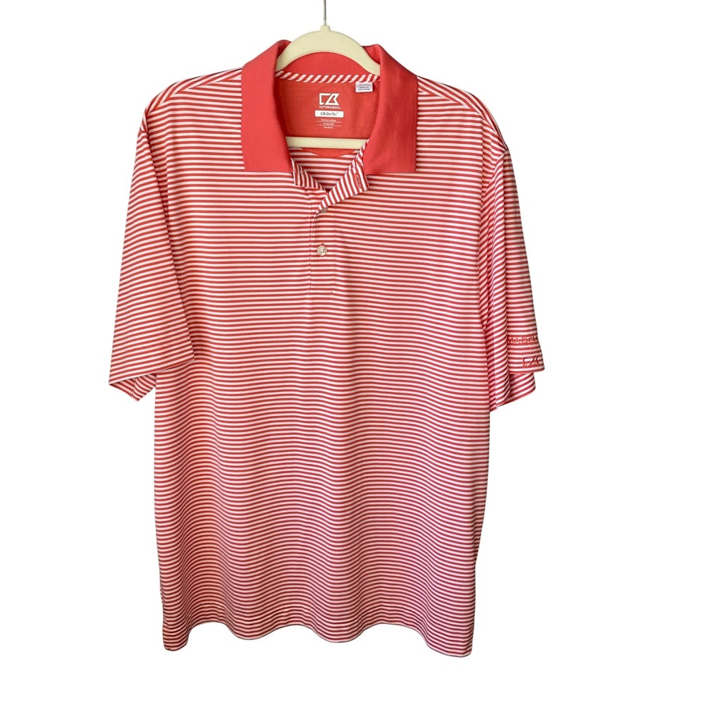 Cutter &‎ Buck Mens CB DryTec Striped Polo Shirt XL Coral White Magellan Golf